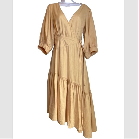 FREE PEOPLE Don't Mind If I Do Wrap Midi Dress Asymmetrical Linen Blend Boho Sm - Picture 2 of 3